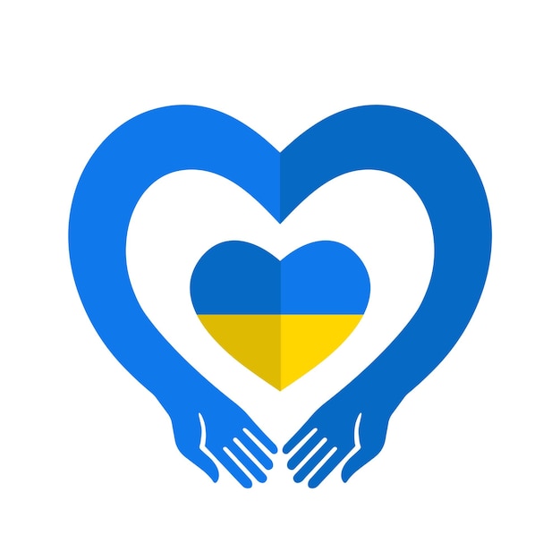 Ukrainian flag logo heartshaped background in the embrace of two hands