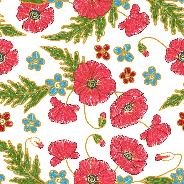 Ukrainian floral poppy flower embroidery seamless pattern. Vector ethnic illustration