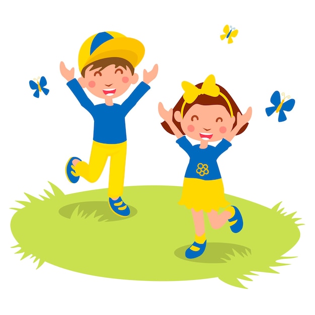 Ukrainian girl and boy in the colors of the flag of Ukraine Isolated vector flat characters