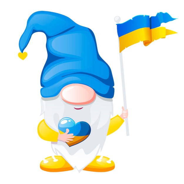 Ukrainian Gnome in colors blue and yellow in the hands of flag of Ukraine and heart