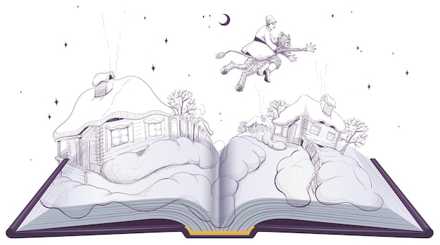 Ukrainian literature open book illustration Evenings on Farm near Dikanka Vector cartoon