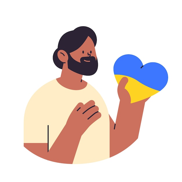 ukrainian man holding blue yellow heart pray for Ukraine peace save Ukraine from russia stop war concept portrait vector illustration