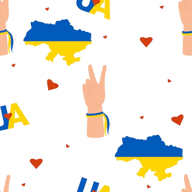 Ukrainian Seamless pattern Hand gesture two fingers victory and Yellowblue map of Ukraine colors