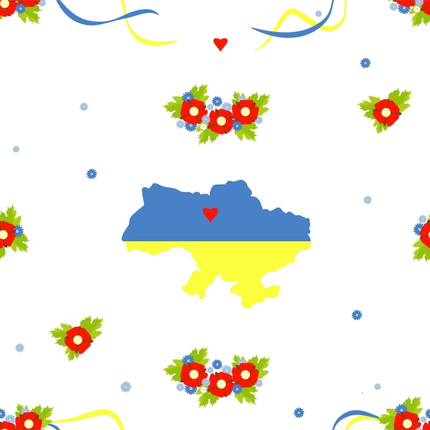 Ukrainian Seamless pattern Yellowblue map of Ukraine floral wreath with red flowers with ribbons