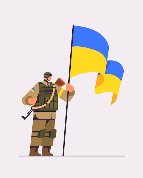 Ukrainian soldier in full body armor special forced Ukrainian defender in military cloth armed forces of Ukraine stop war concept full length vertical vector illustration