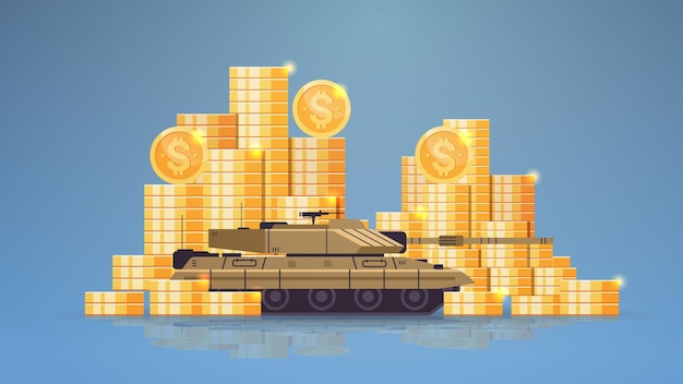 Ukrainian tank special army battle transport military equipment near dollar coins financing war sanctions metaphor concept horizontal vector illustration