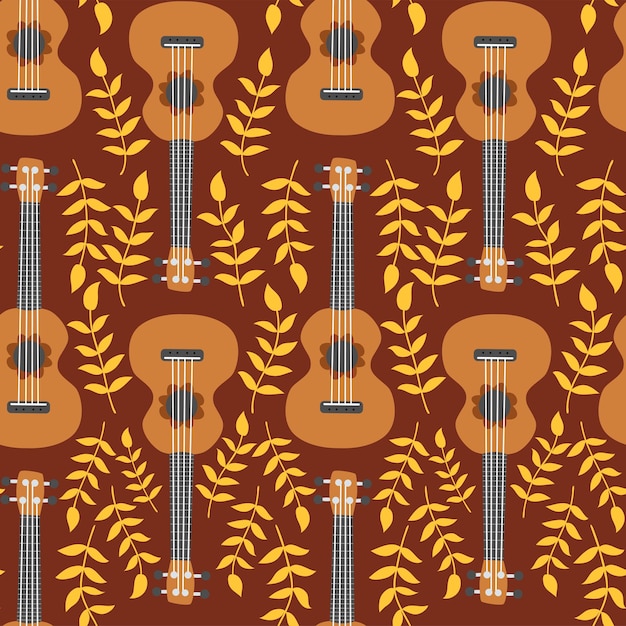 Ukulele seamless pattern ukulele Pattern with monstera leaves flowers notes inscriptions