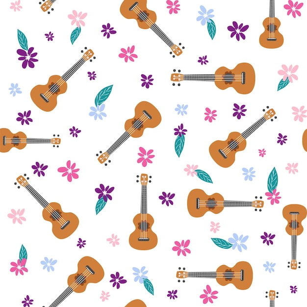 Ukulele seamless pattern ukulele Pattern with monstera leaves flowers notes inscriptions