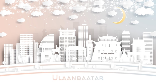 Ulaanbaatar Mongolia City Skyline in Paper Cut Style with Snowflakes Moon and Neon Garland