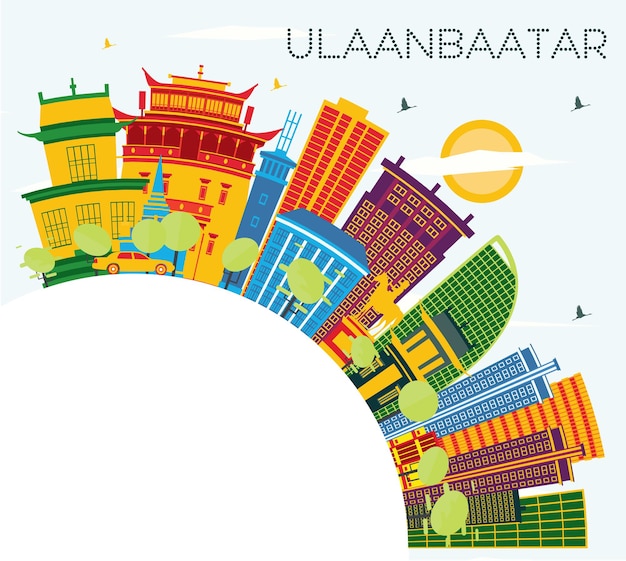 Ulaanbaatar Mongolia City Skyline with Color Buildings Blue Sky and Copy Space Vector Illustration