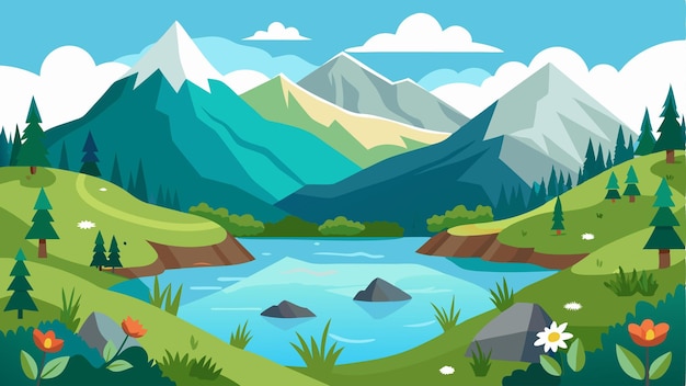 Vector the ultimate nature lovers dream an alpine lake surrounded by a diverse array of flora and fauna all thriving in the harsh mountain environment