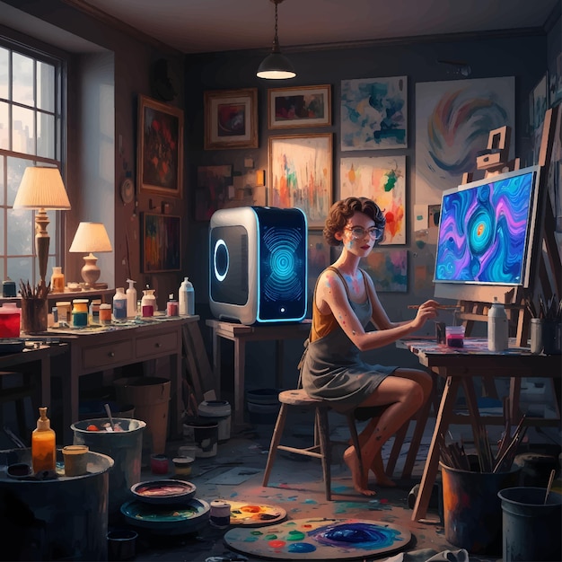 ultrahighresolution illustration of a cluttered artists studio