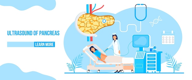 Ultrasound of pancreas doctors examine treat pancreatitis Stethoscope calendar are on blue background Health care flat concept for landing page website