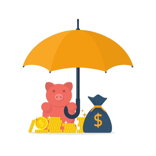 Umbrella over coins, money bag and piggy bank