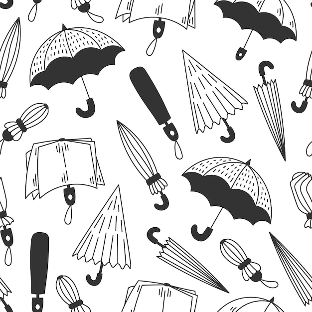 Vector umbrella doodle seamless pattern falling outline icons and symbols