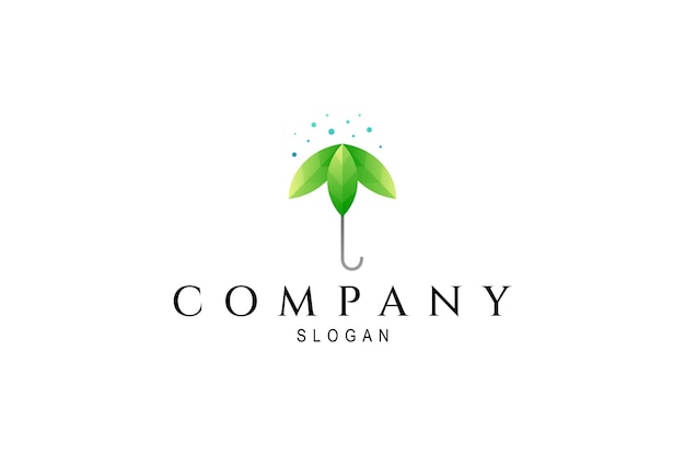 Umbrella logo with leaves decorated with water bubbles in simple design style