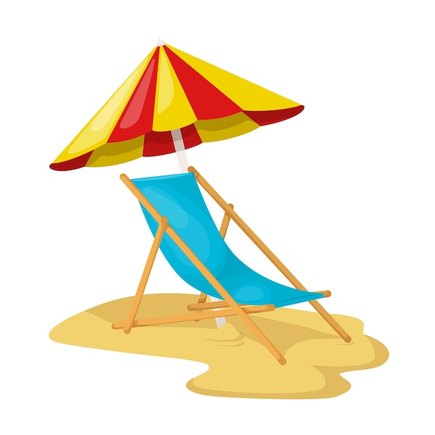 Umbrella and sun lounger wooden on a sand beach with bright sun Summer trip relax leisure on Hawaii holiday in seashore and tropical travel concept Vector illustration isolated