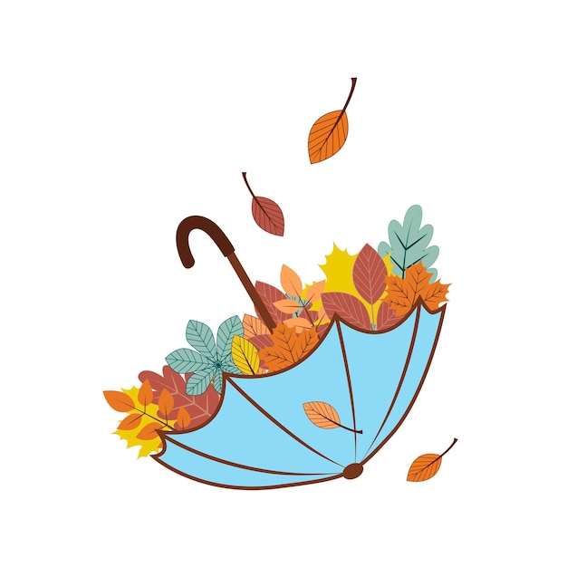 An umbrella with autumn leaves inside that fall into it vector illustration of an autumn day