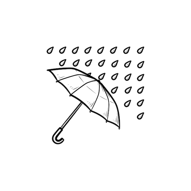 Umbrella with rain drops hand drawn outline doodle icon. Rainy climate, rain protection and shelter concept