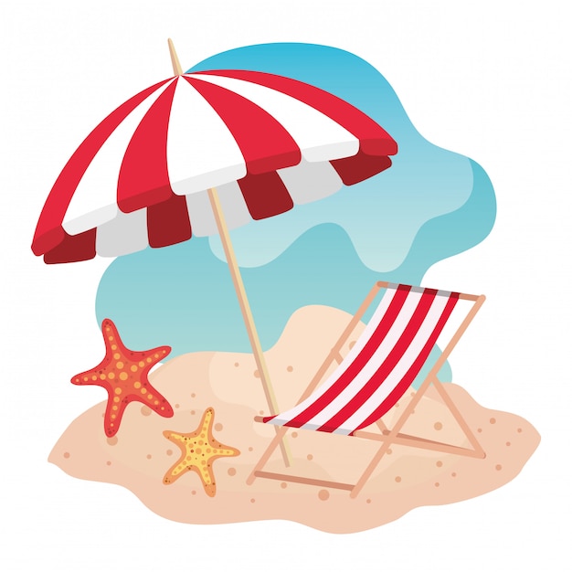 Vector umbrella with tanning chair and starfishes in the beach sand