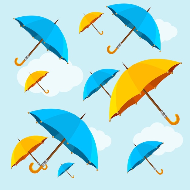 Umbrellas Fall on Blue Sky Background Flat Design Style Vector