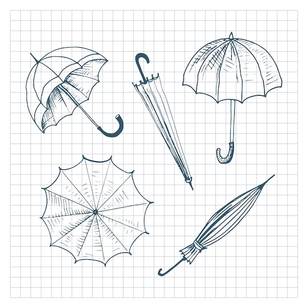 Umbrellas set. Collection of isolated sketchy style umbrellas. Doodle umbrellas on checkered background. Hand drawn vector illustration.