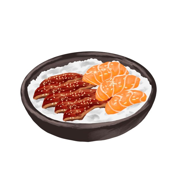 Vector unagi and salmon ricebowl painting menu illustration