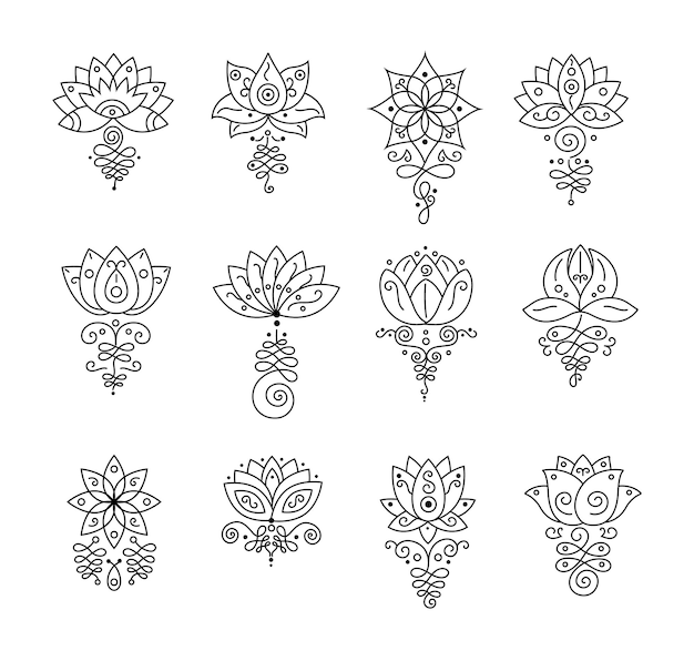 Unalome lotus Bohemian flower tattoo buddhism life path sign and zen geometry Magic spiral and yoga ornament vector set