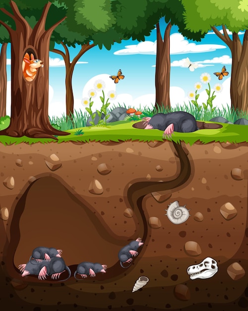 Vector underground animal burrow with mole family