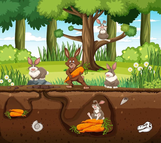 Vector underground animal burrow with rabbit family