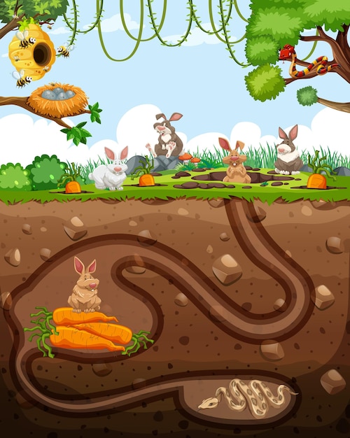 Underground animal burrow with rabbit family