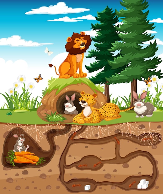 Underground animal hole in cartoon style