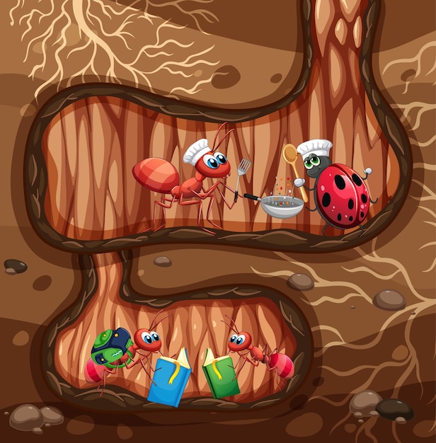 Underground scene with ants reading and cooking