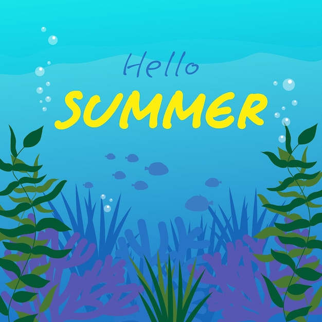 Undersea landscape background 'Hello Summer' Sign Sea bottom with water plants