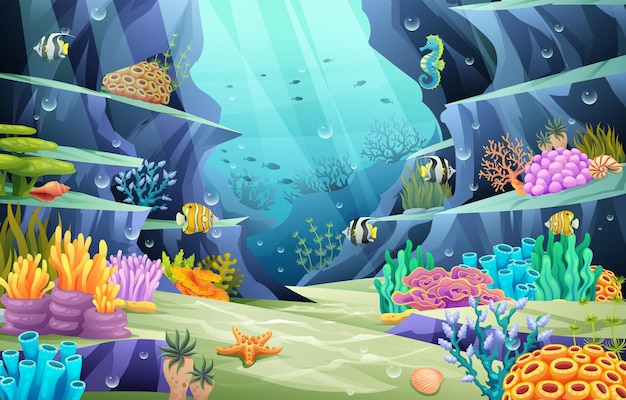 Undersea ocean world illustration. Underwater life with fishes and coral reefs background