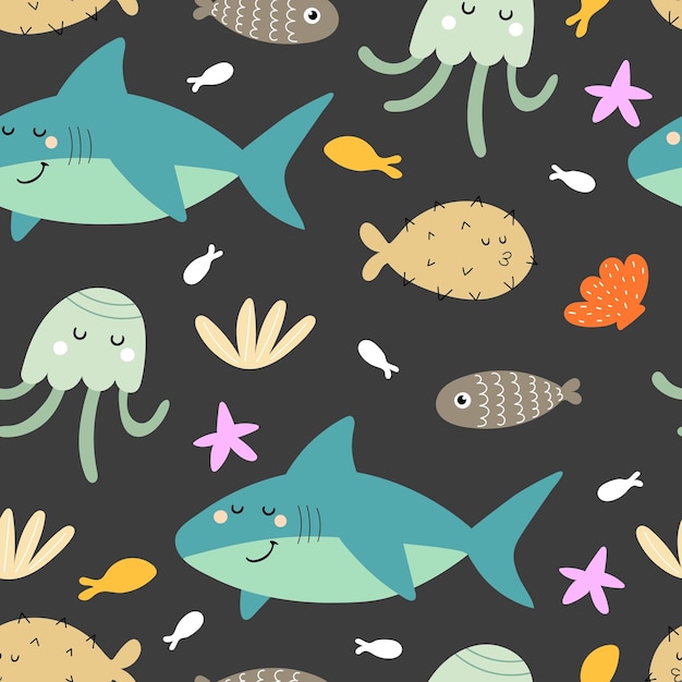 undersea seamless pattern with cartoon sharks, fish, octopus, shells, starfish