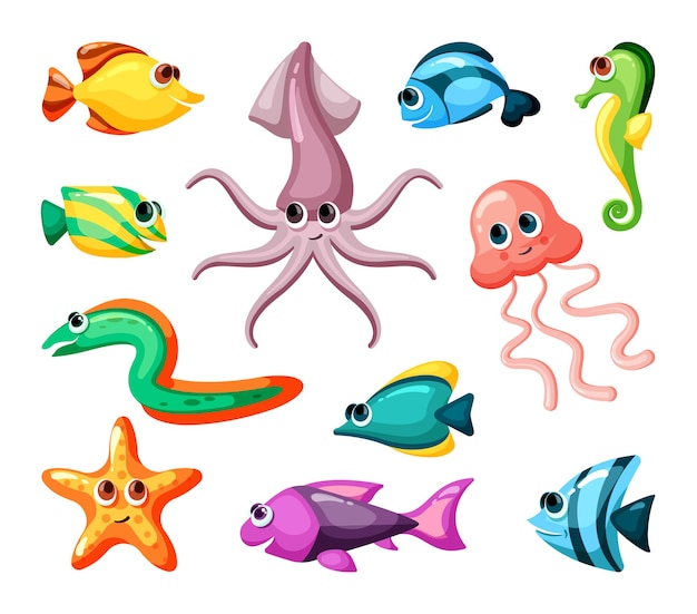 Undersea world colorful flat set. Childish underwater life, marine inhabitants isolated on white . Ell, octopus, jellyfish, seahorse, starfish cartoon characters