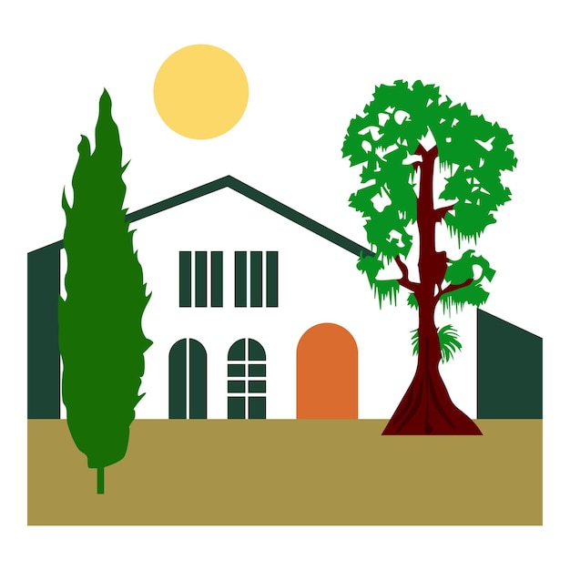 An understated and contemporary depiction of a Provencal house featuring a cypress tree