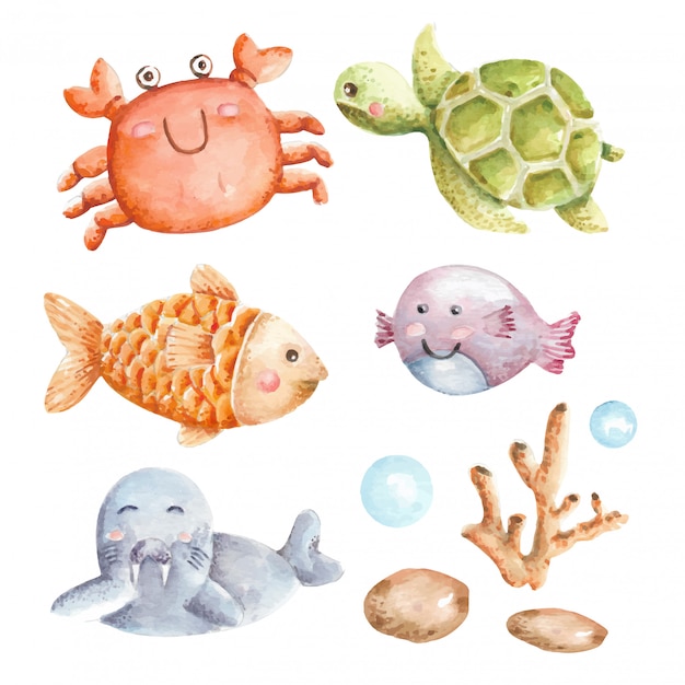 Underwater animal watercolor set