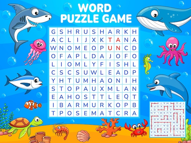 Underwater animals and fish word search puzzle