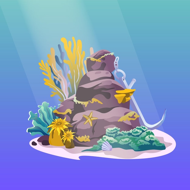 Vector underwater background ocean floor with stones corrals algae and fish vector