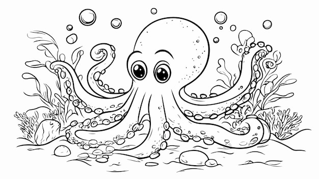 Underwater Cartoon Coloring Page featuring Octopus in Vector Illustration