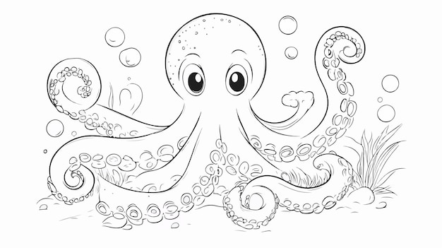 Underwater Cartoon Coloring Page featuring Octopus in Vector Illustration