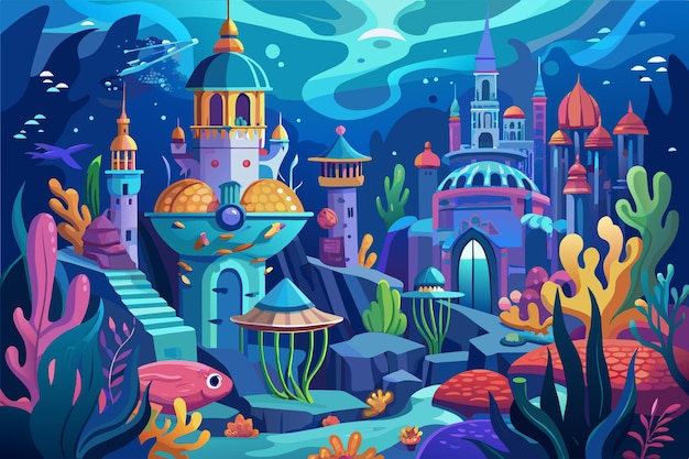 Underwater city with mermaid palaces coral gardens and underwater creatures Illustration