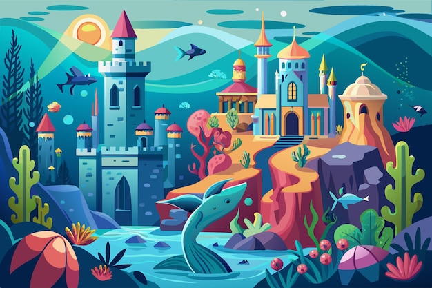 Underwater city with mermaid palaces coral gardens and underwater creatures Illustration