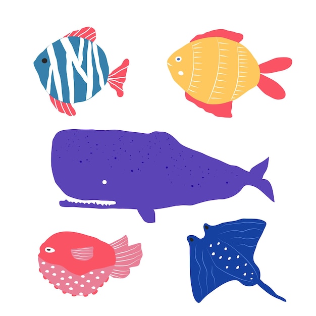 Underwater creatures different type of fish, jellyfish, clownfish, set with marine animals for fabric, textile, wallpaper, nursery decor, prints, childish background. Vector