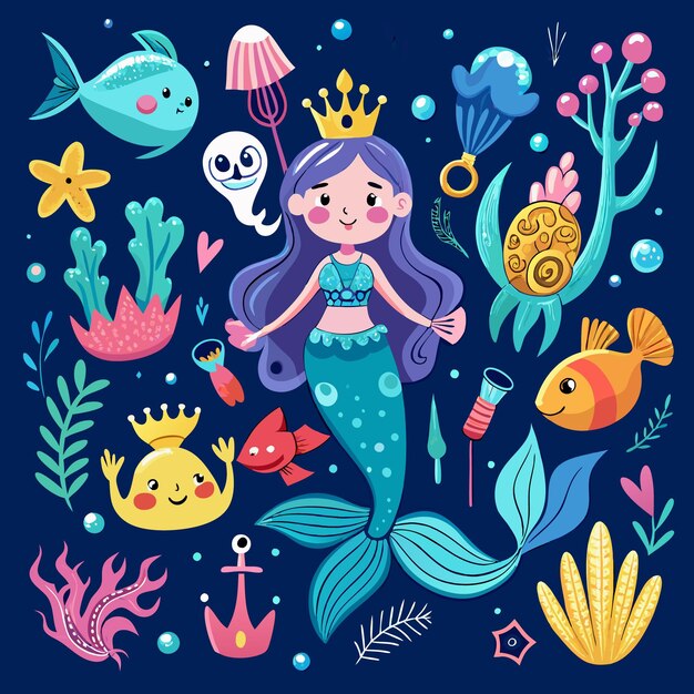 Vector underwater fantasy mermaid and ocean life