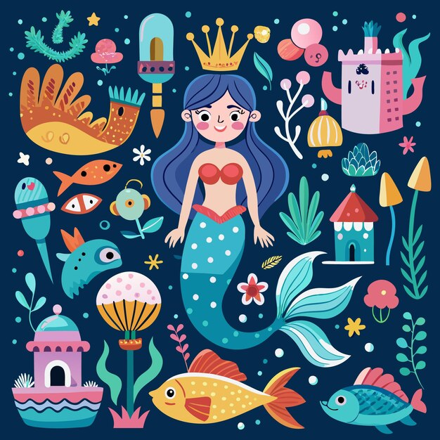 Vector underwater fantasy mermaid and ocean life