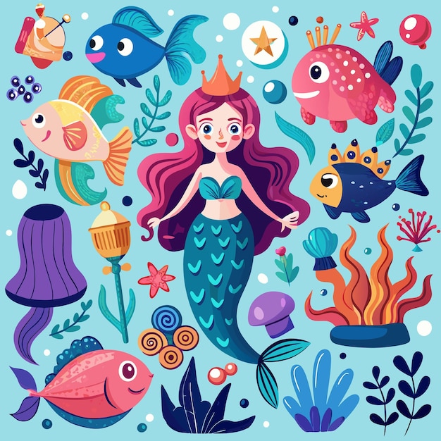 Vector underwater fantasy mermaid and ocean life