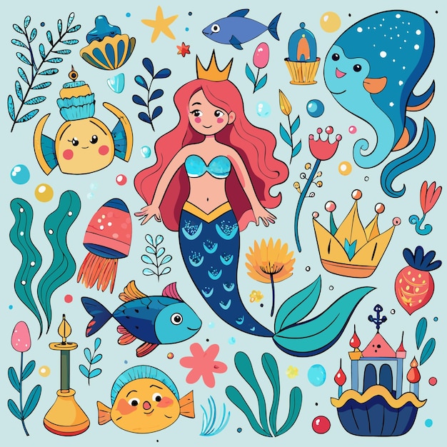 Vector underwater fantasy mermaid and ocean life